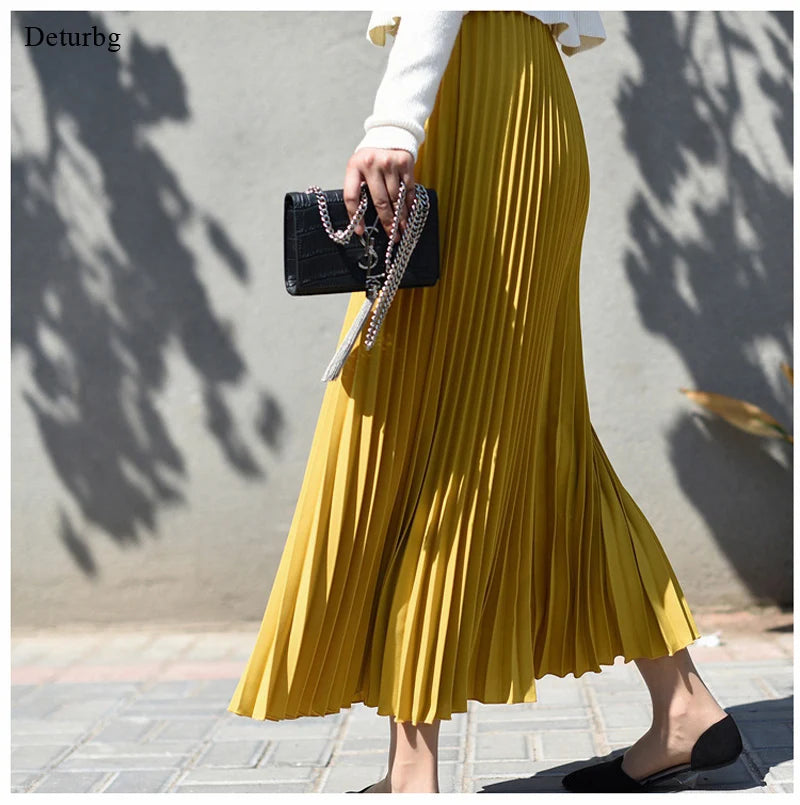 Vintage Pleated Midi Skirt High Waist