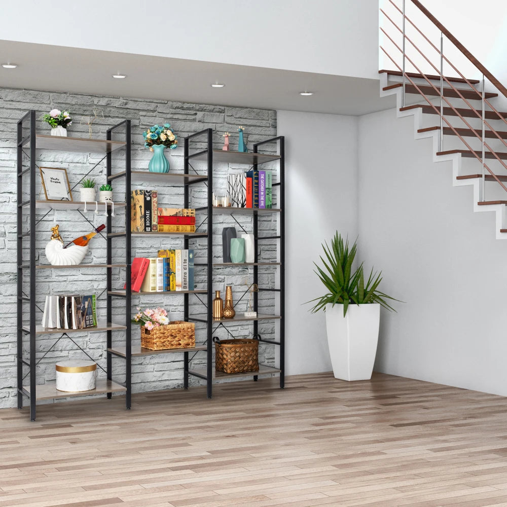 Wood & Metal Triple Wide Etagere 5-Bookshelf