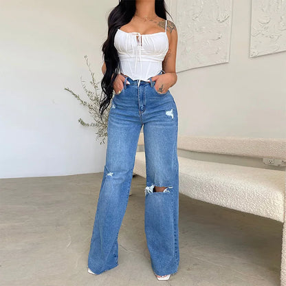 High-Waist Knee-Ripped Straight Jeans Online