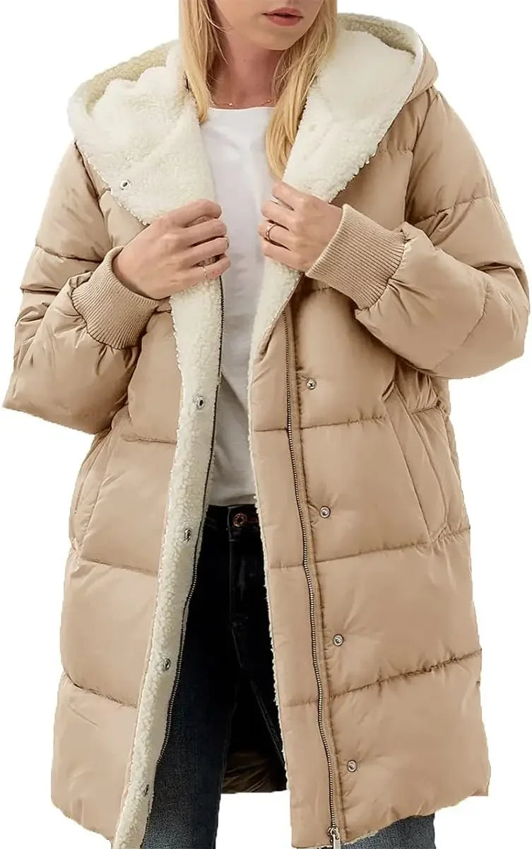 Women's Warm Sherpa Long Hooded Puffer Jacket