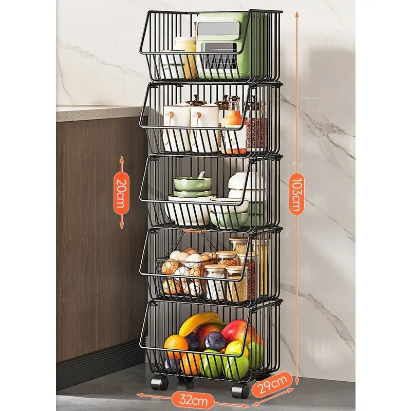 Kitchen Multi Layers Rolling Metal Fruit Basket Cart