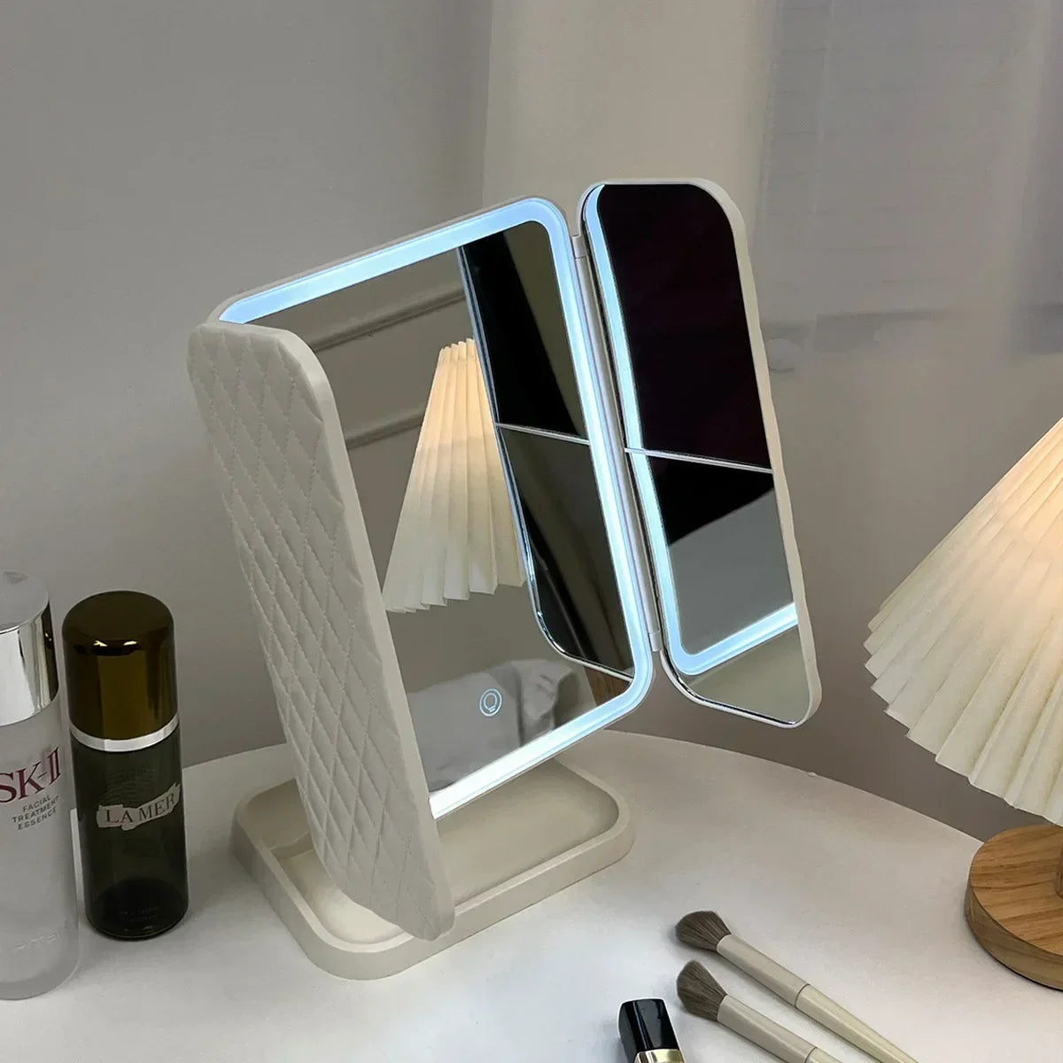 LED Lights Trifold Dorm Makeup Mirror