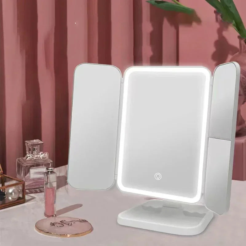 LED Lights Trifold Dorm Makeup Mirror