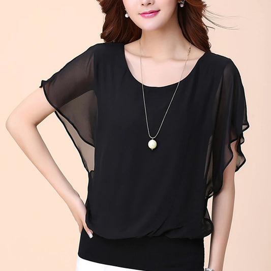 Ladies Short Sleeve O-Neck Slight Strech Blouse Shirt