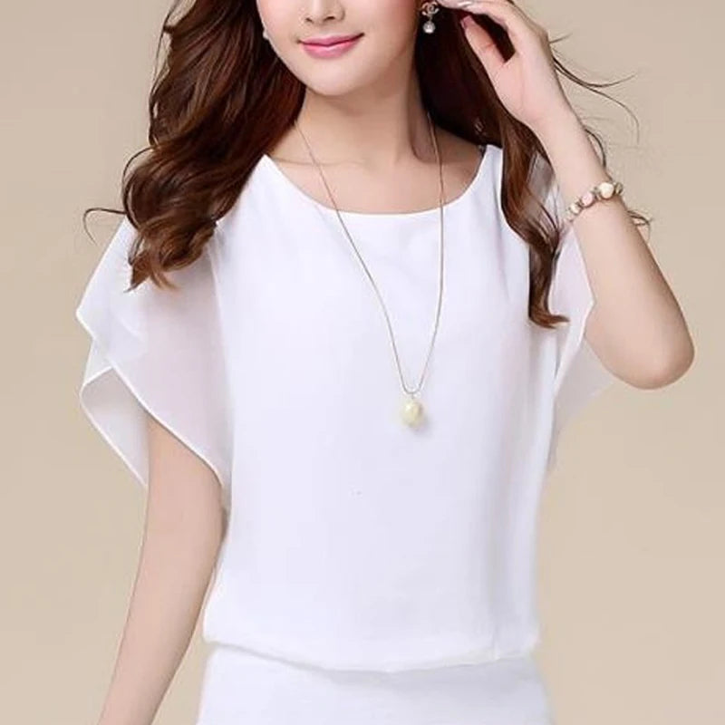 Ladies Short Sleeve O-Neck Slight Strech Blouse Shirt