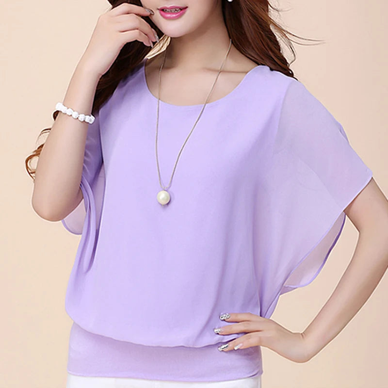 Ladies Short Sleeve O-Neck Slight Strech Blouse Shirt