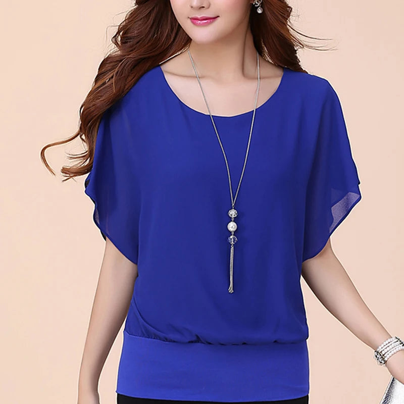 Ladies Short Sleeve O-Neck Slight Strech Blouse Shirt