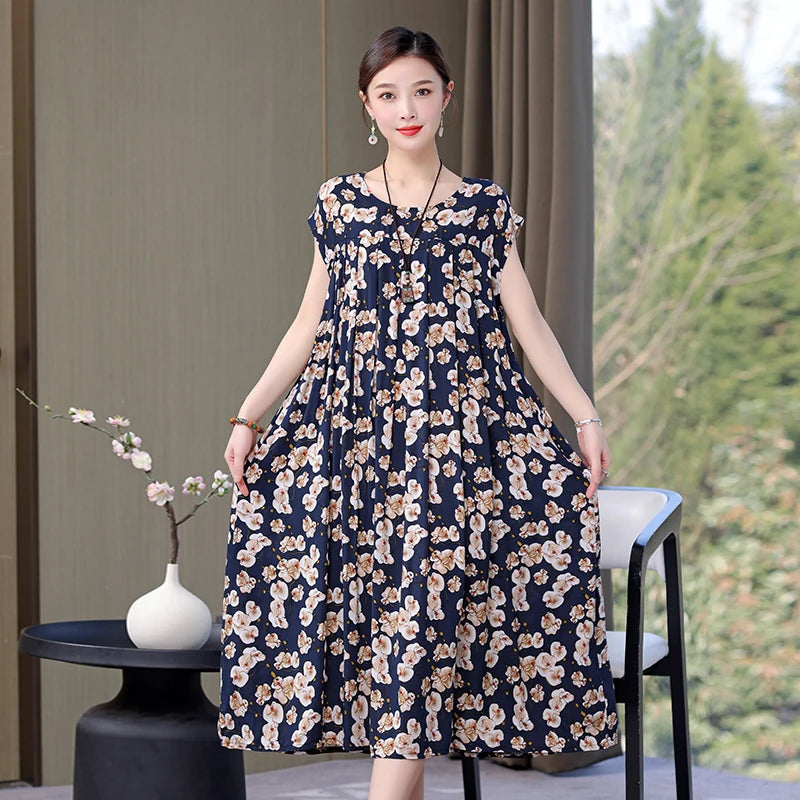 Cotton Loose O-Neck Women Print Dresses