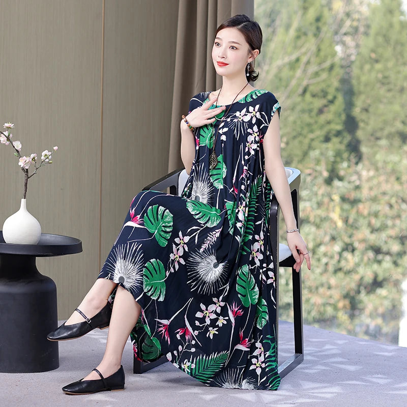 Cotton Loose O-Neck Women Print Dresses