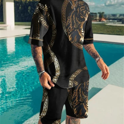 Men's 3D Lion Print O-Neck Short Sleeve Tracksuit