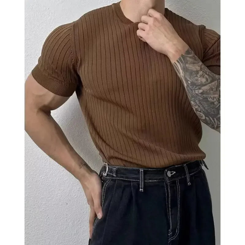 Men's O-Neck Short Sleeve Knitted Vertical Striped T Shirt