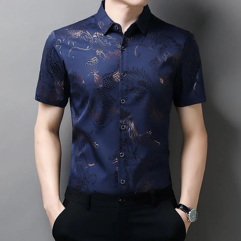 Men's Printed Short Sleeved Collar Lapel Shirt