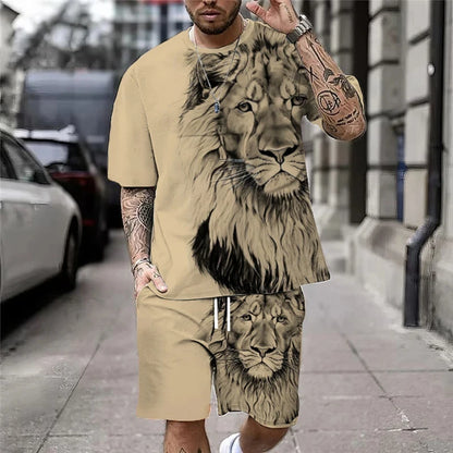 Men's 3D Lion Print O-Neck Short Sleeve Tracksuit