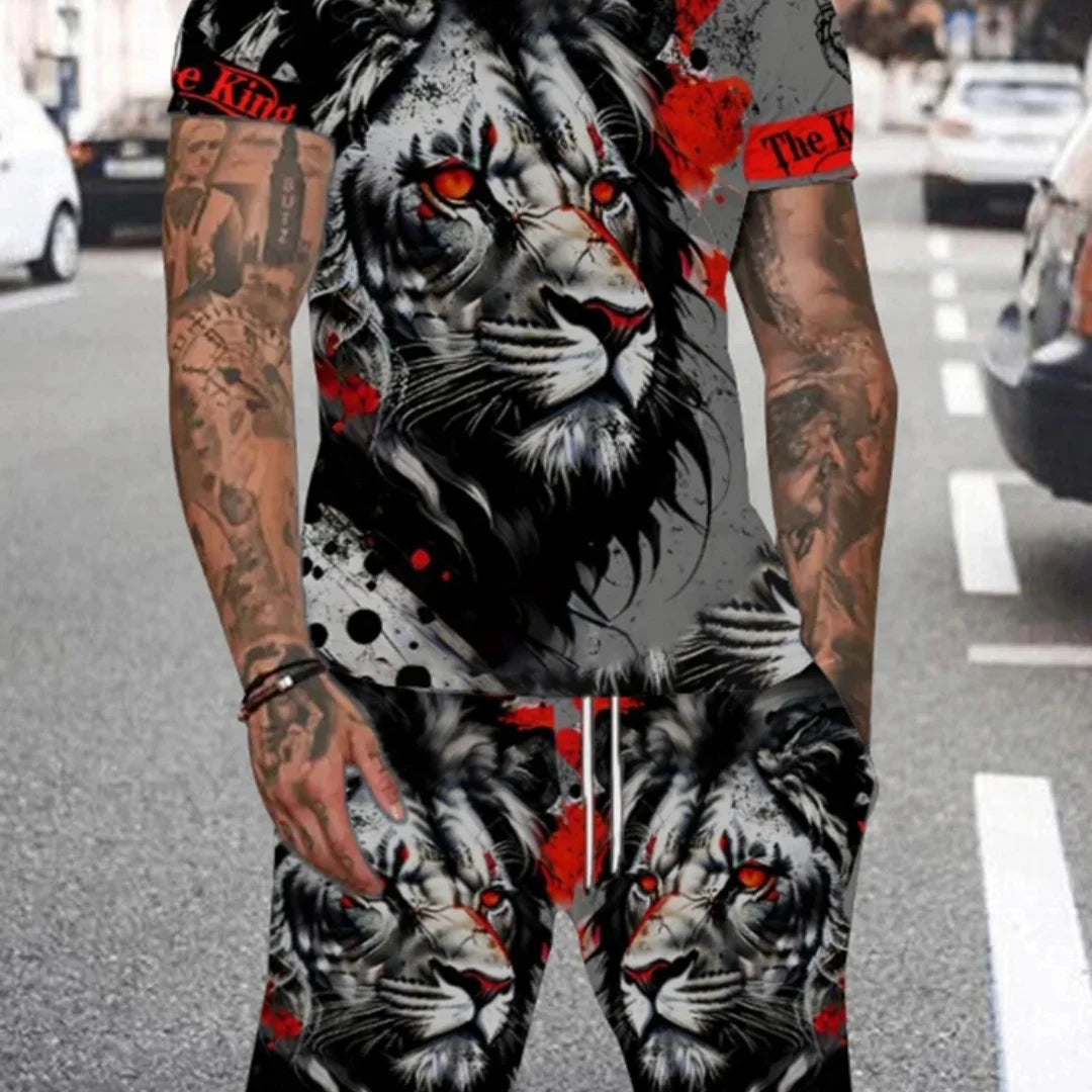 Men's 3D Lion Print O-Neck Short Sleeve Tracksuit