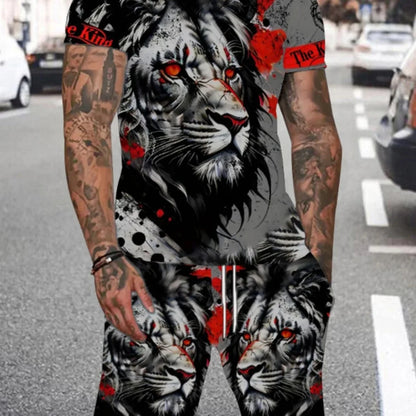 Men's 3D Lion Print O-Neck Short Sleeve Tracksuit