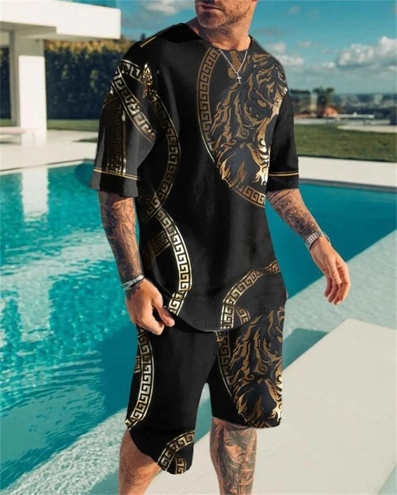 Men's 3D Lion Print O-Neck Short Sleeve Tracksuit