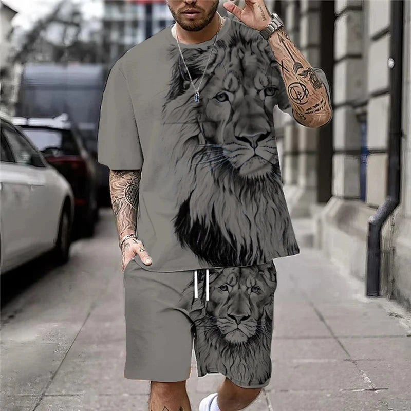 Men's 3D Lion Print O-Neck Short Sleeve Tracksuit