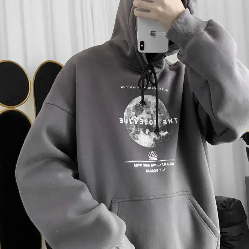 Men's Loose Moon Print Autumn Winter Hoodie