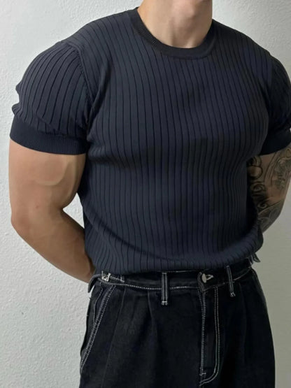 Men's O-Neck Short Sleeve Knitted Vertical Striped T Shirt