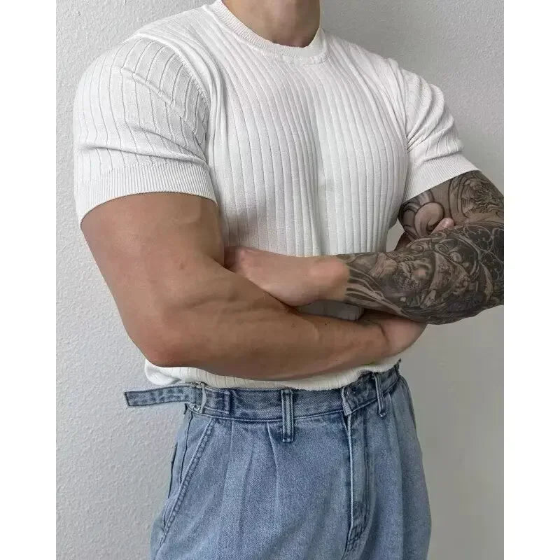 Men's O-Neck Short Sleeve Knitted Vertical Striped T Shirt