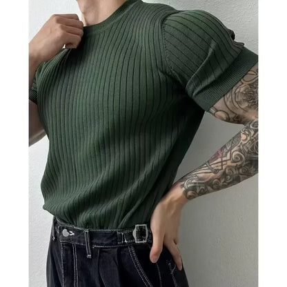Men's O-Neck Short Sleeve Knitted Vertical Striped T Shirt