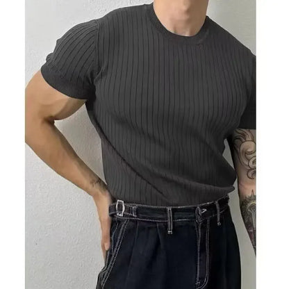 Men's O-Neck Short Sleeve Knitted Vertical Striped T Shirt