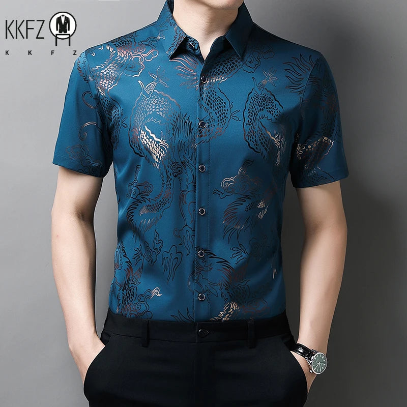 Men's Printed Short Sleeved Collar Lapel Shirt