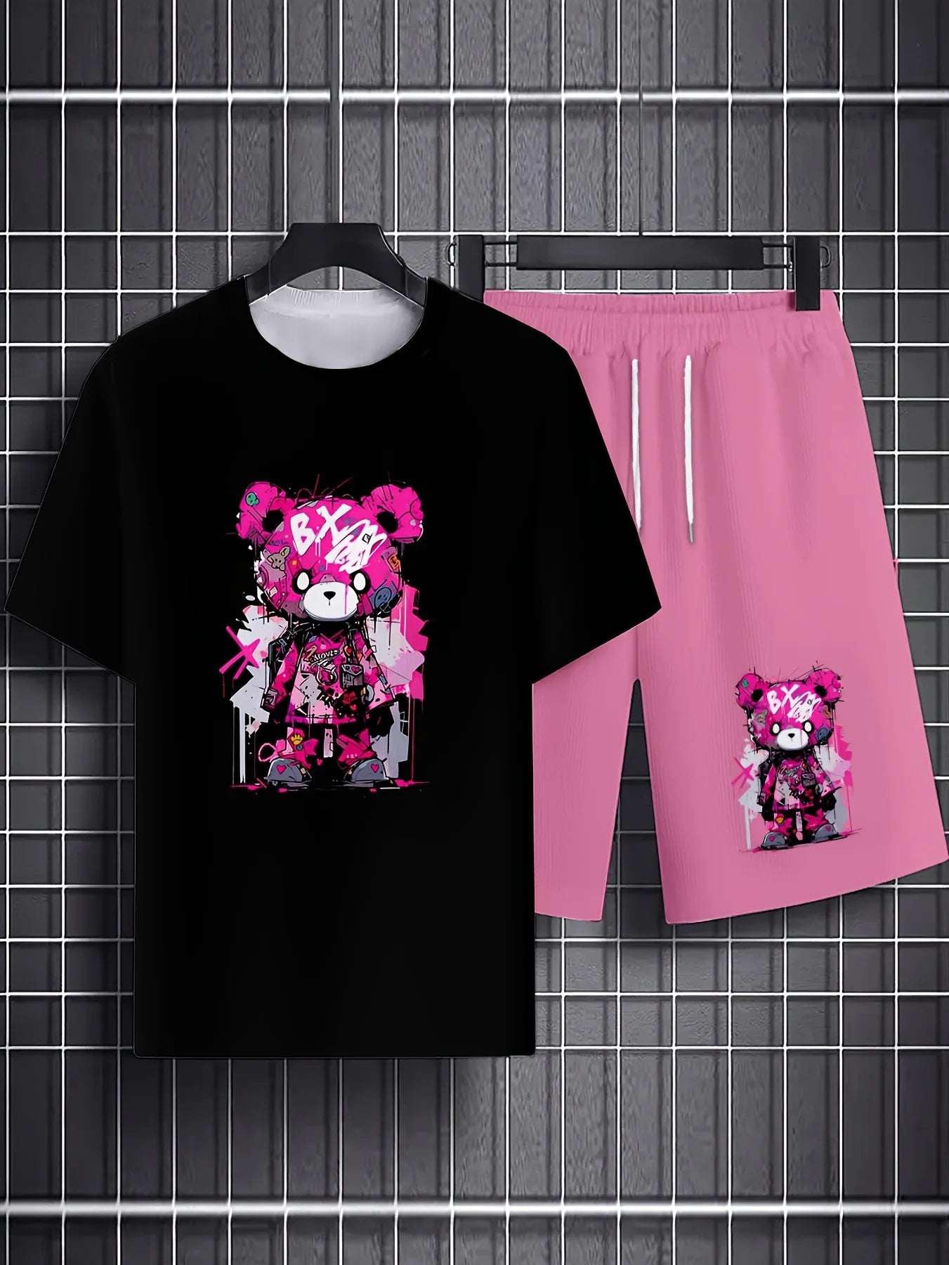 Men's Short Sleeve Bear Print Summer Tracksuit