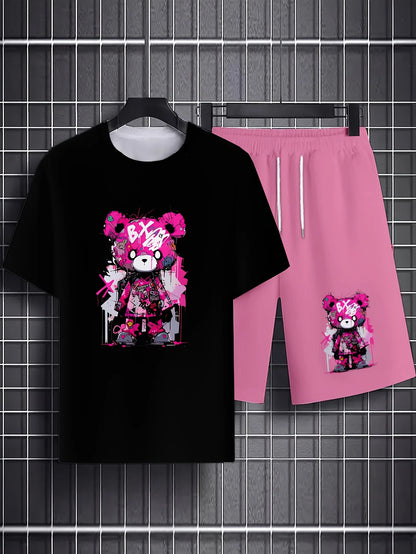 Men's Short Sleeve Bear Print Summer Tracksuit