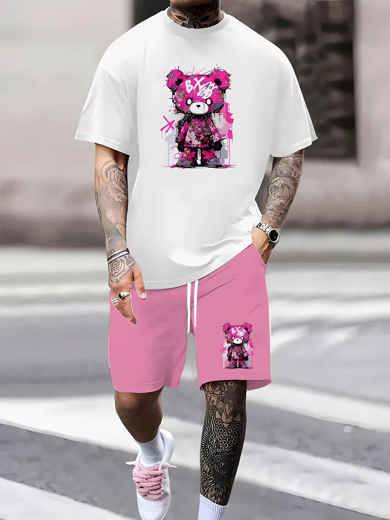 Men's Short Sleeve Bear Print Summer Tracksuit