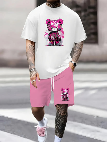Men's Short Sleeve Bear Print Summer Tracksuit