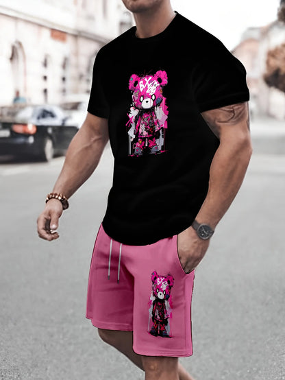 Men's Short Sleeve Bear Print Summer Tracksuit