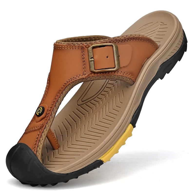 Men's Waterproof Genuine Leather Beach Slide Sandals