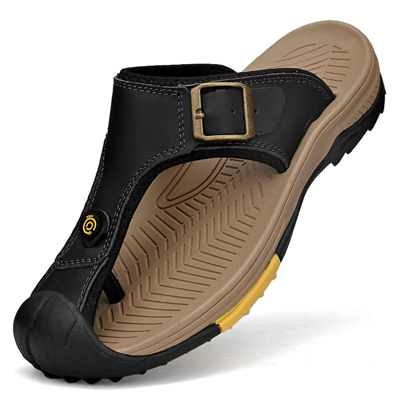 Men's Waterproof Genuine Leather Beach Slide Sandals