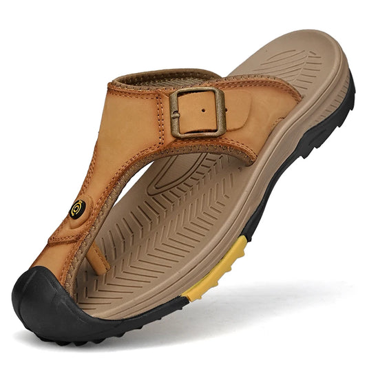 Men's Waterproof Genuine Leather Beach Slide Sandals