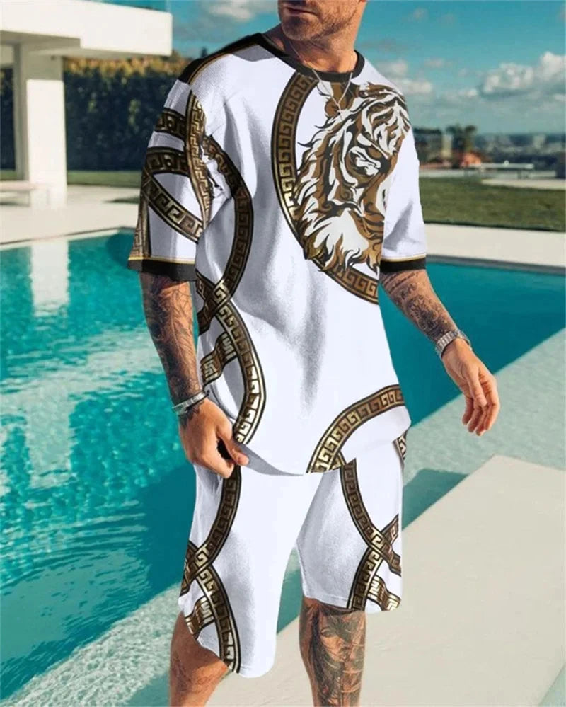 Men's 3D Lion Print O-Neck Short Sleeve Tracksuit