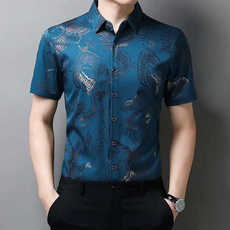 Men's Printed Short Sleeved Collar Lapel Shirt