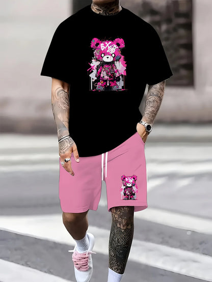 Men's Short Sleeve Bear Print Summer Tracksuit