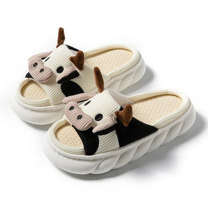 Non Slip Cartoons Cow Linen Home Slippers