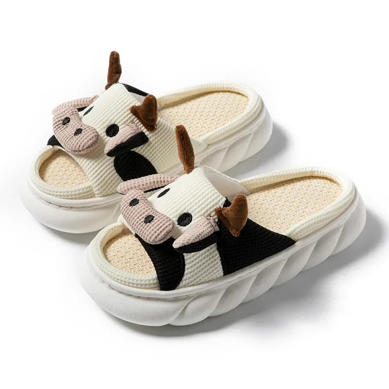 Non Slip Cartoons Cow Linen Home Slippers