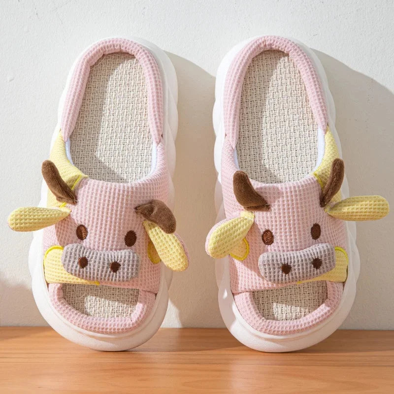 Non Slip Cartoons Cow Linen Home Slippers