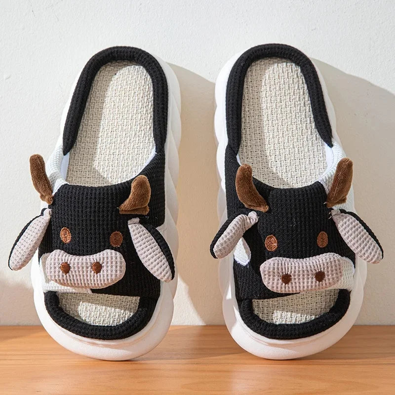 Non Slip Cartoons Cow Linen Home Slippers