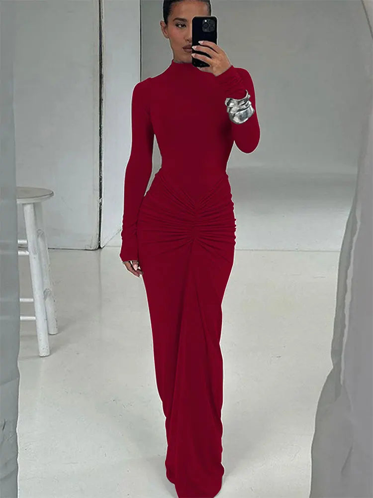 Women Autumn O-Neck Long Sleeves Maxi Dresses