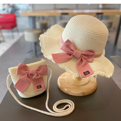 Sonnenschutzhut und Handtasche mit Spitzenschleife für Mädchen im Set