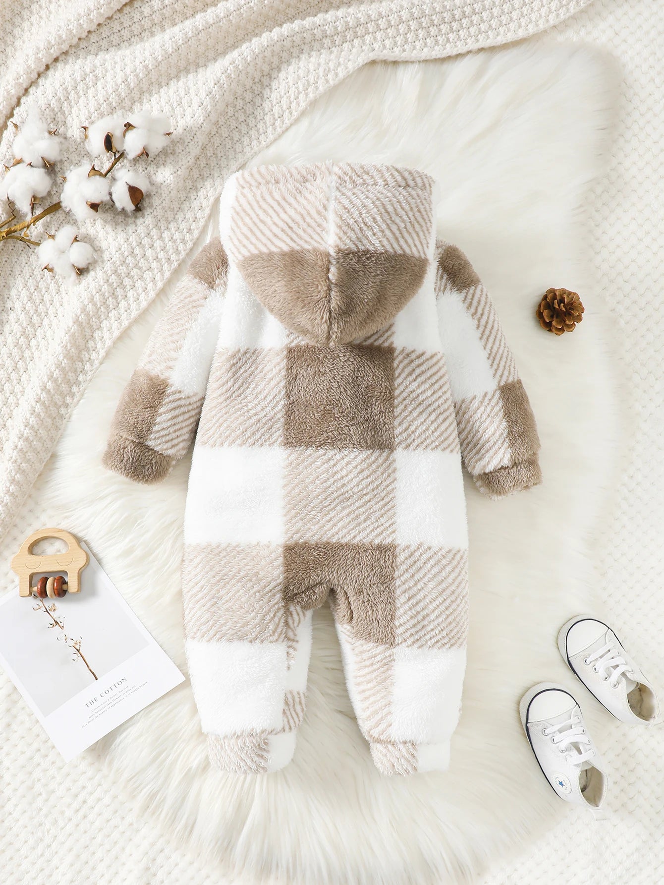 Plaid Hooded Long Sleeved Baby Winter Romper