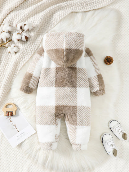 Plaid Hooded Long Sleeved Baby Winter Romper