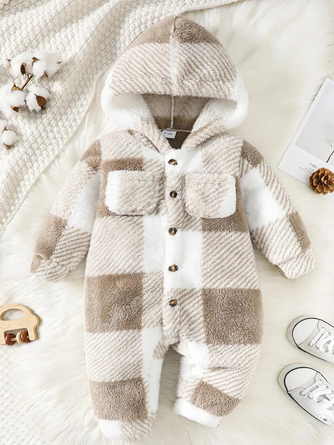 Plaid Hooded Long Sleeved Baby Winter Romper