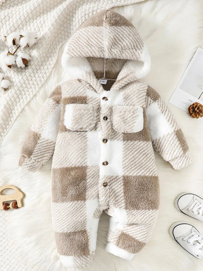 Plaid Hooded Long Sleeved Baby Winter Romper