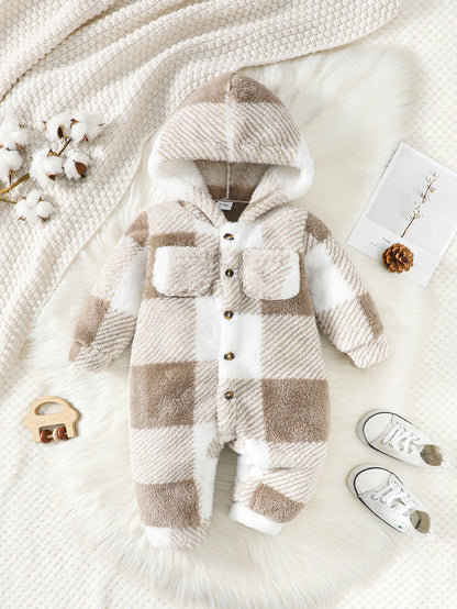 Plaid Hooded Long Sleeved Baby Winter Romper