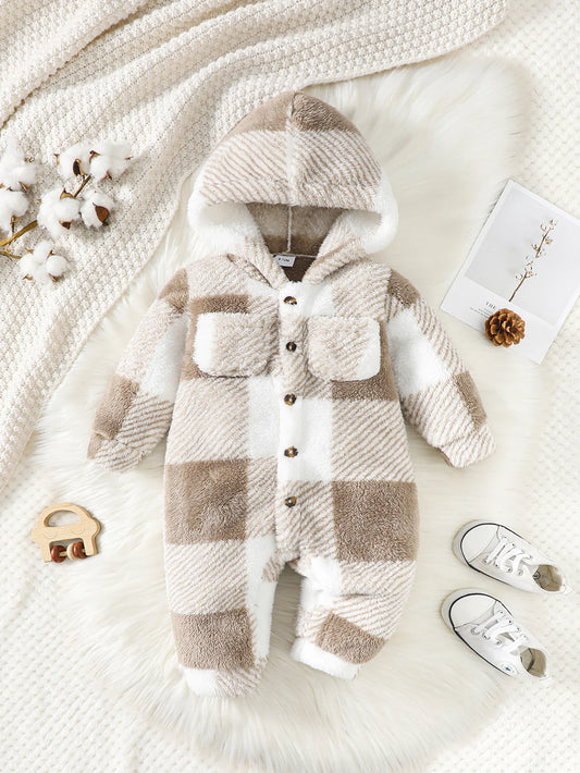 Plaid Hooded Long Sleeved Baby Winter Romper